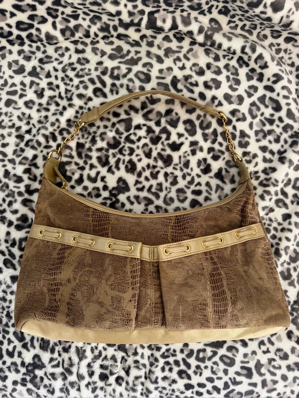 Brown and Gold Crocodile-Texture Shoulder Bag